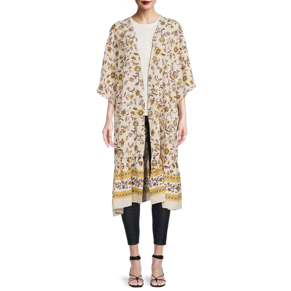 NWT‎ Time and Tru Floral Kimono Cardigan Beige Yellow L XL Lightweight